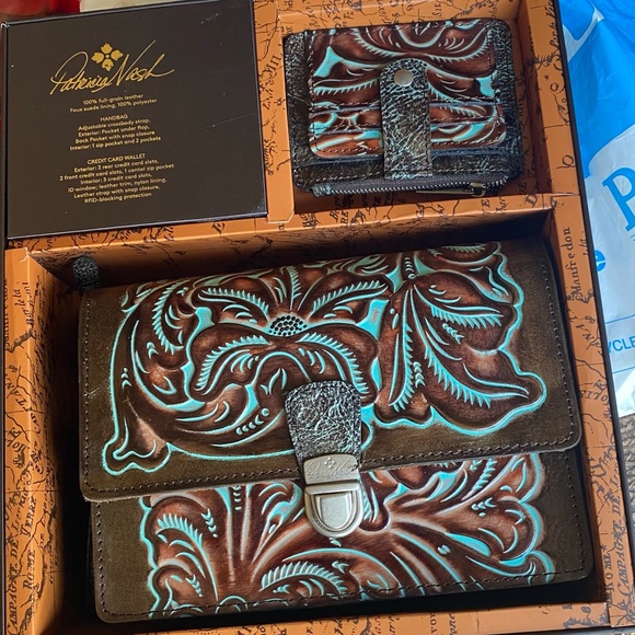 Patricia Nash Turquoise and Brown Embossed Leather Wallet Set - Picture 4 of 7